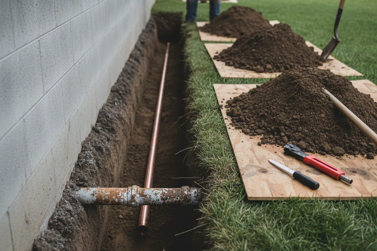 Excavated water line trench during Water Softener Installation in Ingalls